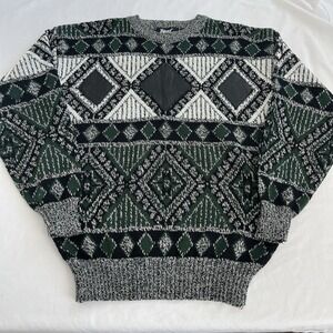 Vintage Impact Sweater Men's Medium Geometric Acrylic Leather Knit Aztec